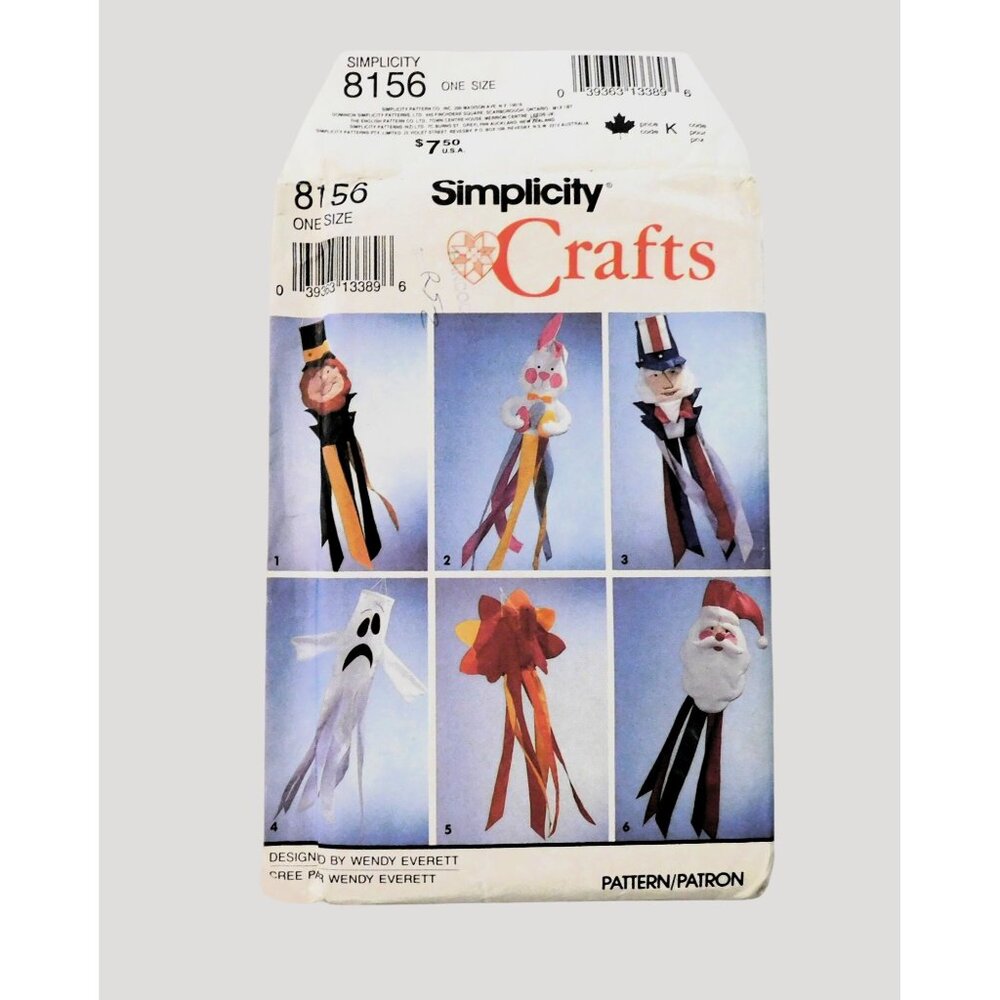Simplicity Crafts  8156 Holiday Wind Socks Sewing Pattern Uncut Vintage 1992